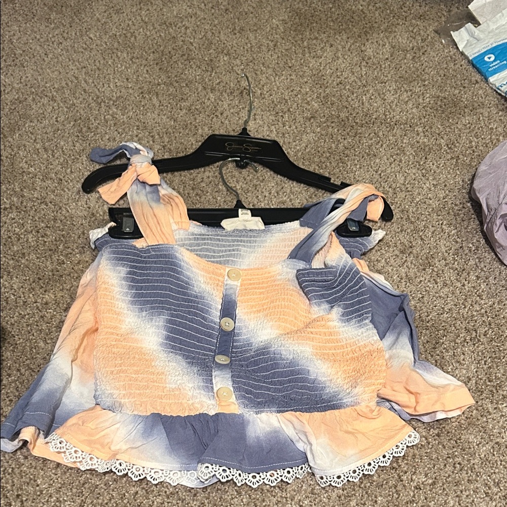 Jessica Simpson Tie-Dye Peach & Lavender Button Front Crop Top Girls 14/16